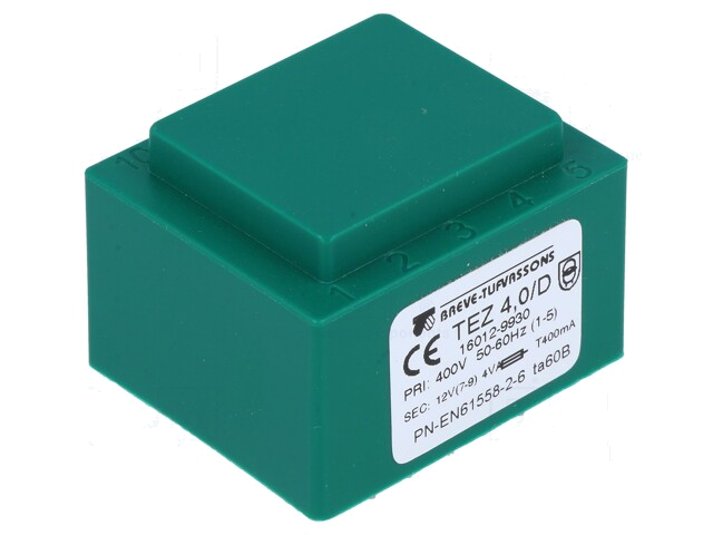 Transformator: ingegoten; 4VA; 400VAC; 12V; 333,3mA; PCB; IP00; TEZ Transformator: ingegoten; 4VA; 400VAC; 12V; 333,3mA; PCB; IP00; TEZ